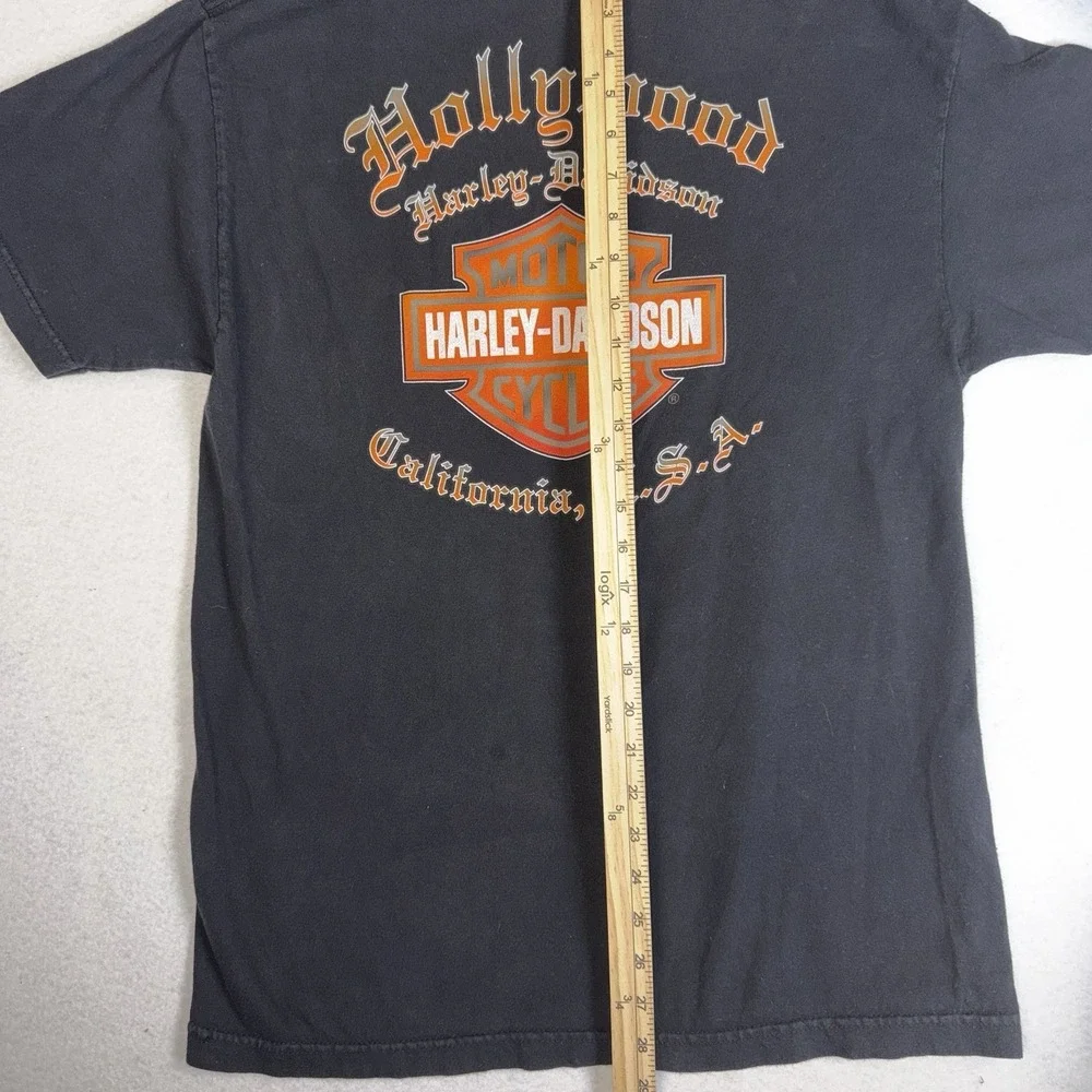 Harley Davidson T Shirt L Black Made In USA Hollywood CA Flame‎ Skull Biker VTG